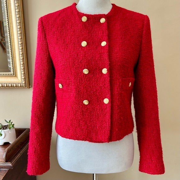 ZARA Double Breasted Blazer Lady Jacket Red Textured Tweed Boucle Size Medium - Picture 2 of 16
